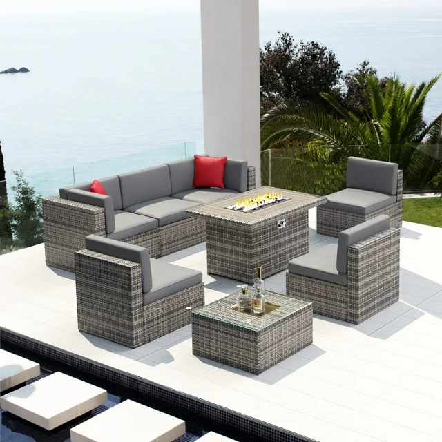 Outdoor Patio Furniture set with 44-inch fire pit table gray cushions